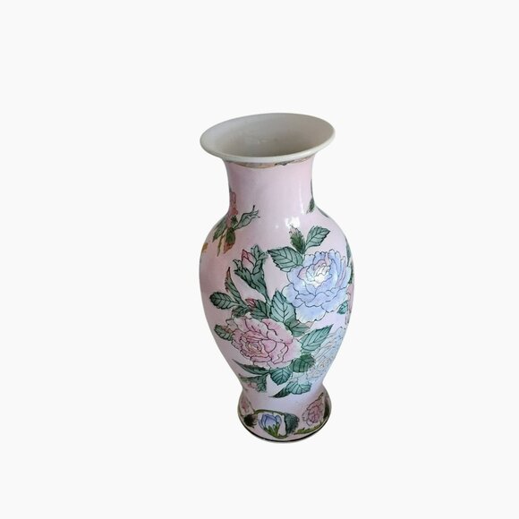 Vintage Toyo Porcelain Famille Rose Vase, Pink Embossed Floral Flowers Macau 10" - Picture 9 of 9